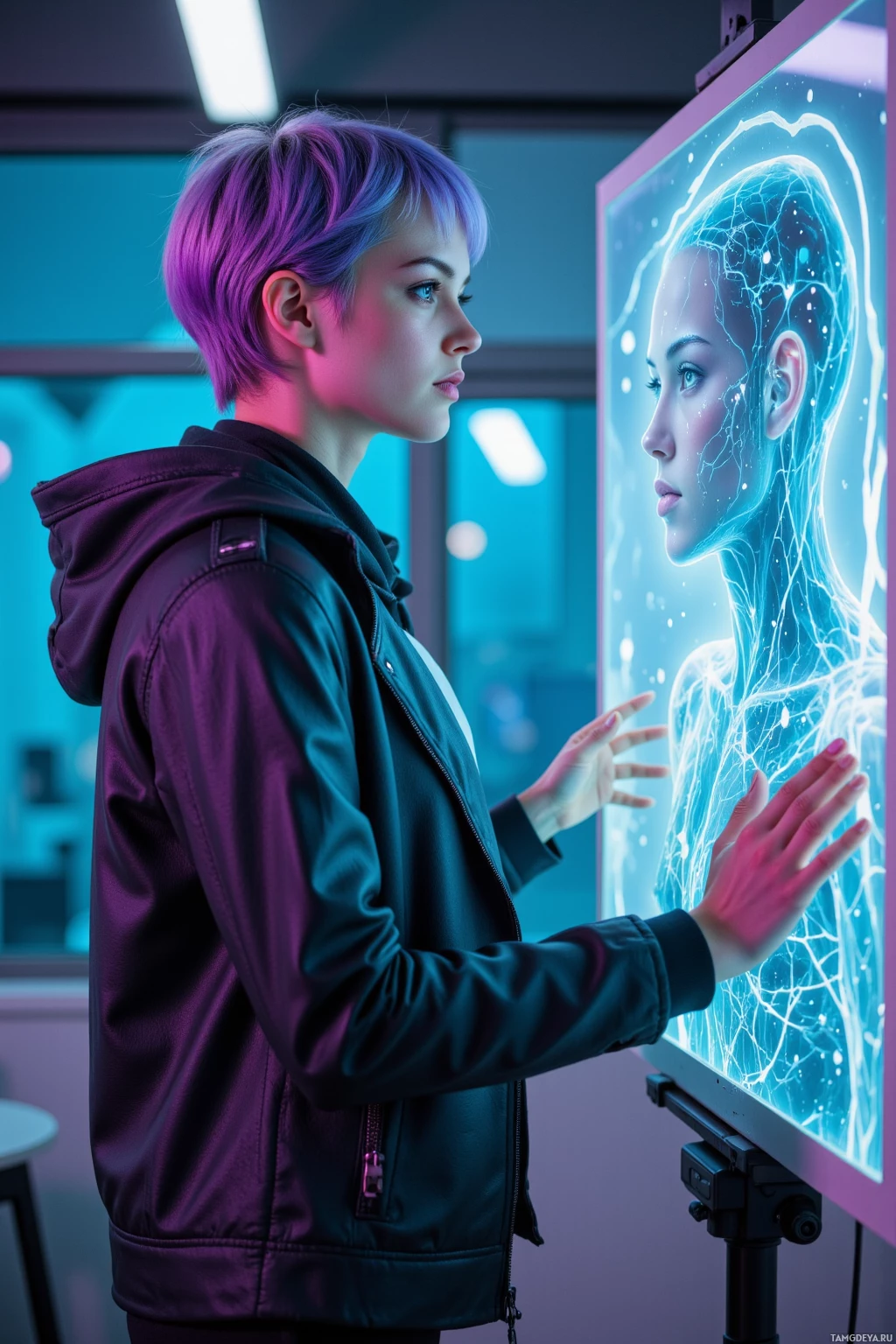 A person in a hoodie interacts with a glowing, futuristic display.