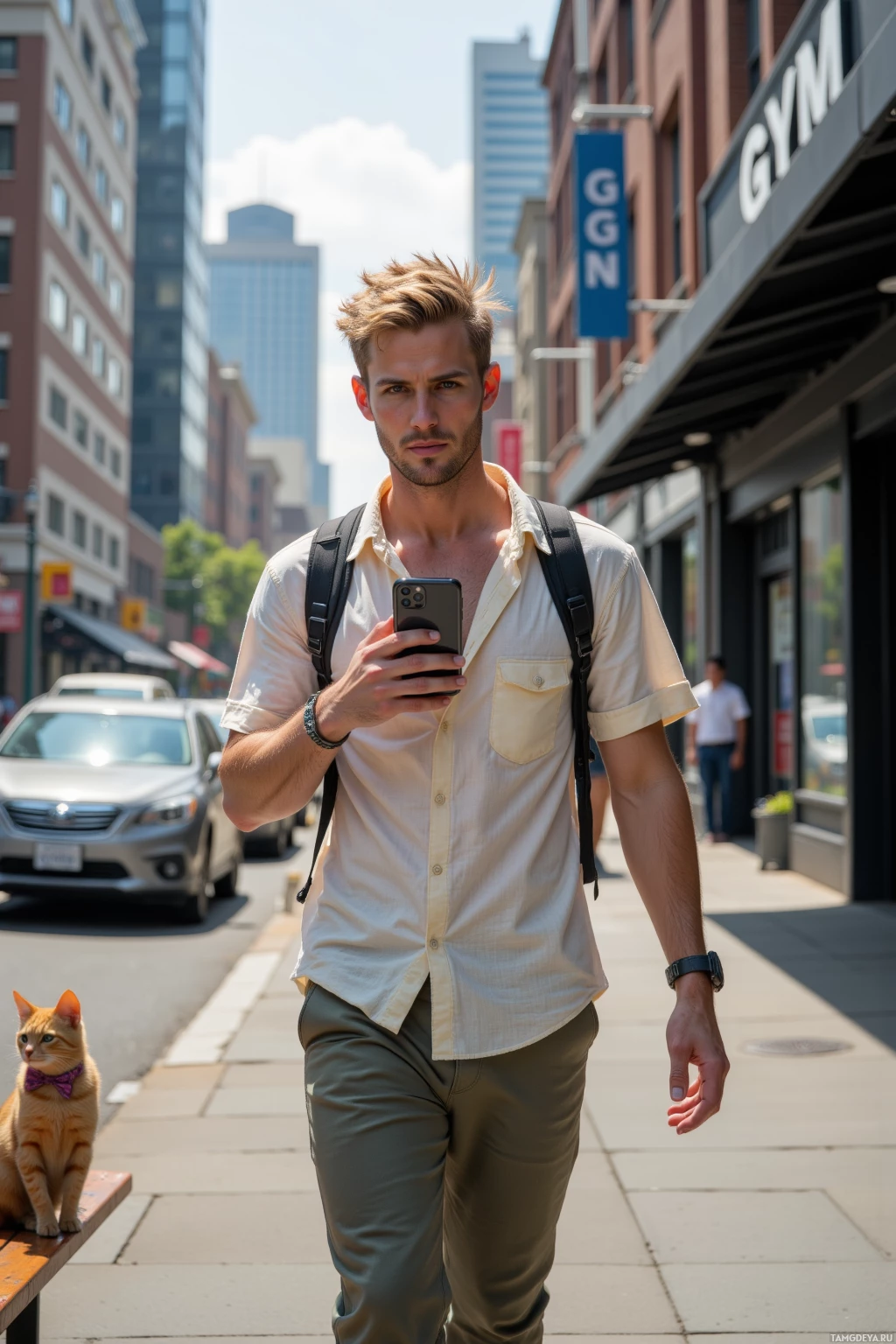 A man walks down a city street, holding a phone, with a cat sitting on a bench nearby.