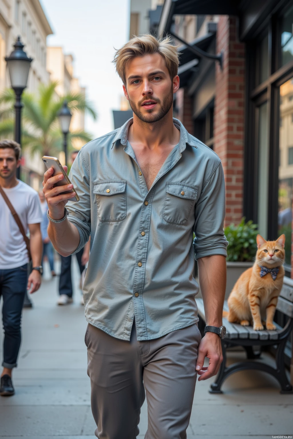 A man walks down a city street holding a phone, with a cat sitting on a bench in the background.