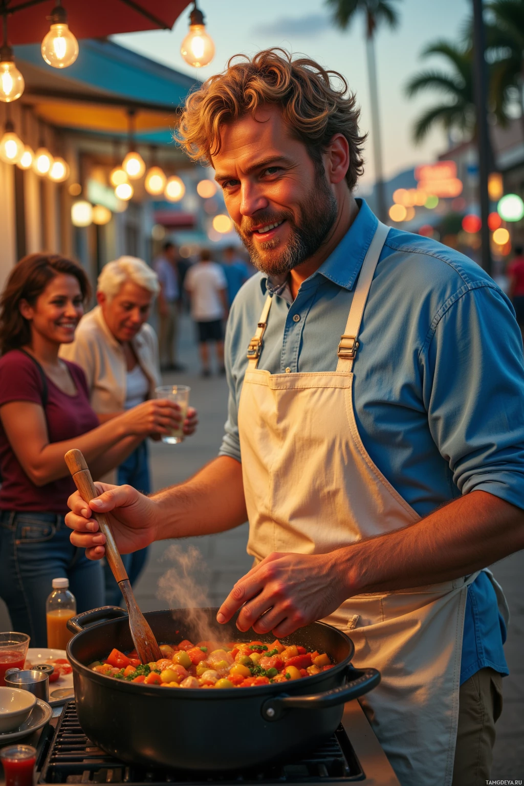A man in an apron stirs a pot of vegetables on a stove at an outdoor event.