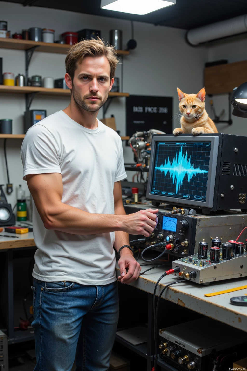 A man stands in a workshop with a cat perched on a monitor displaying a waveform.