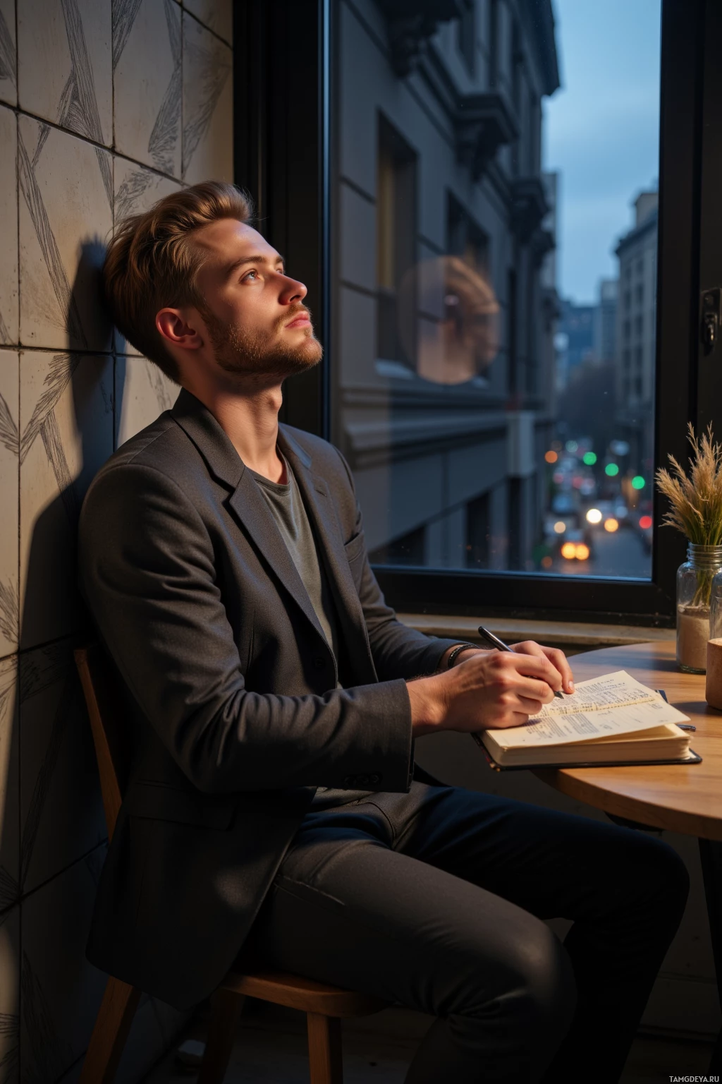 A man in a suit sits at a table by a window, writing in a notebook.
