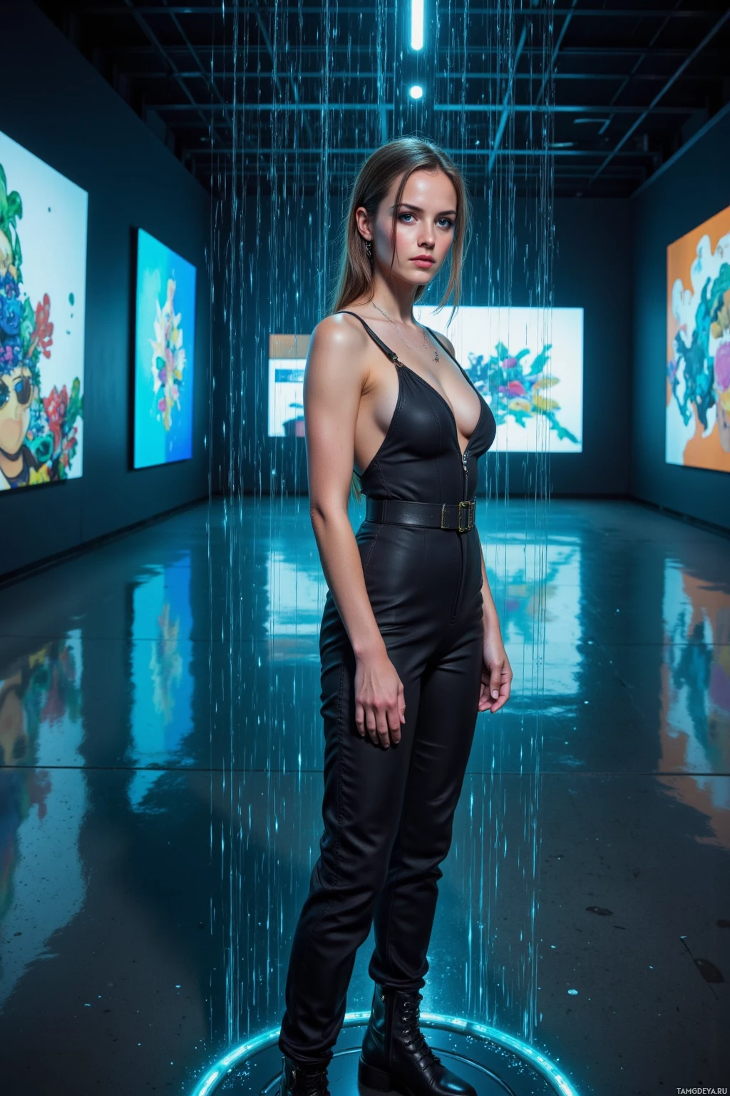 A woman stands in a futuristic gallery with glowing rain and colorful artwork.