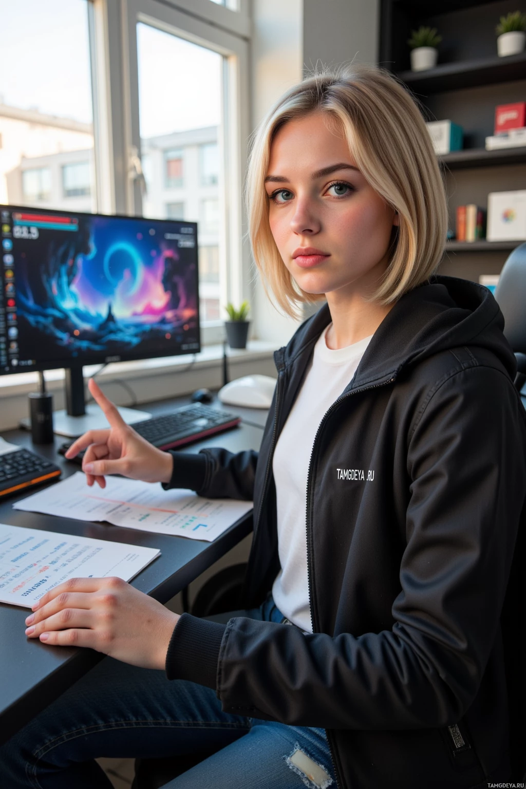 A person is sitting at a desk in an office, pointing towards a computer screen.