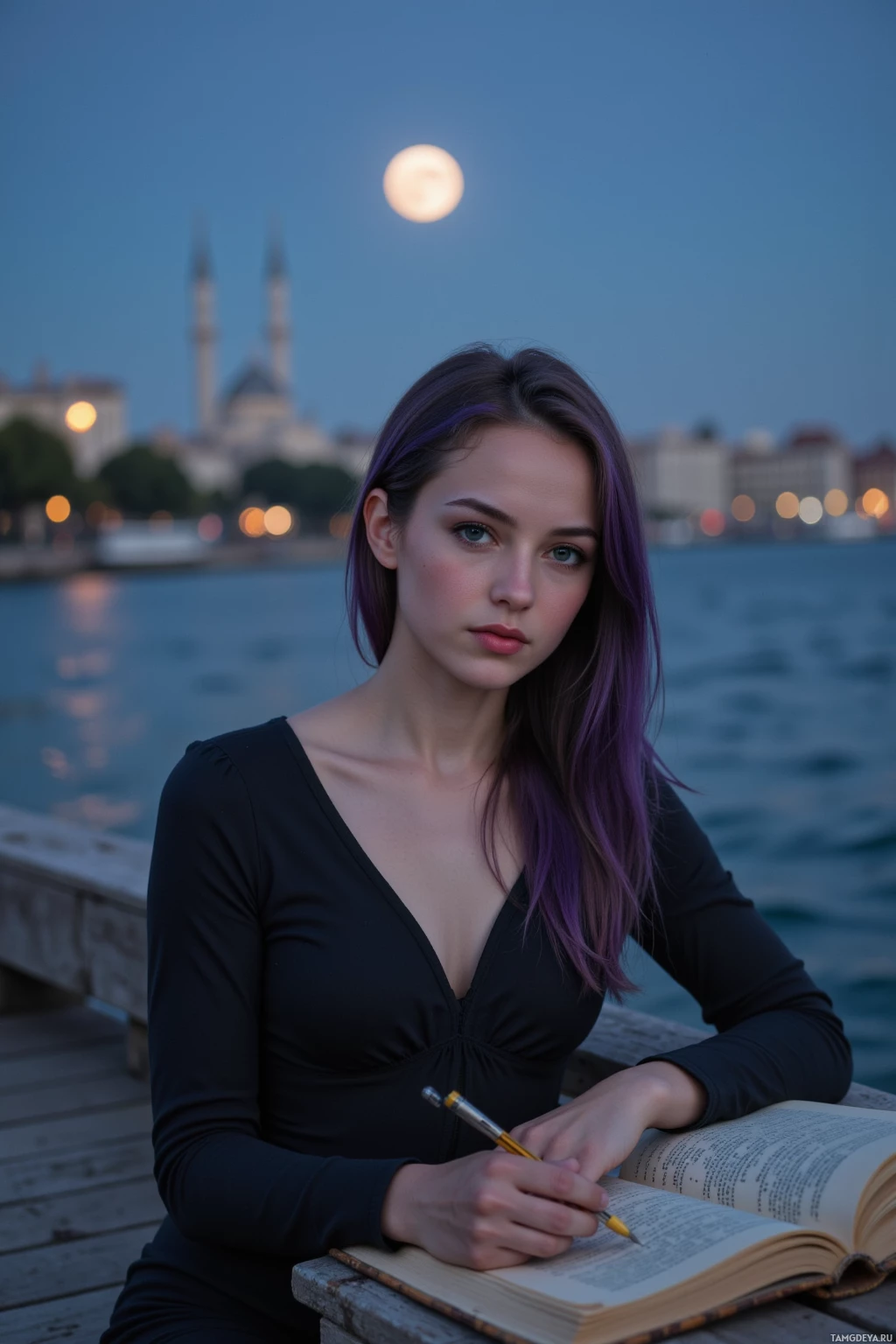 A person with purple hair sits at a table by a waterfront, holding a pen and looking at an open book under a full moon.