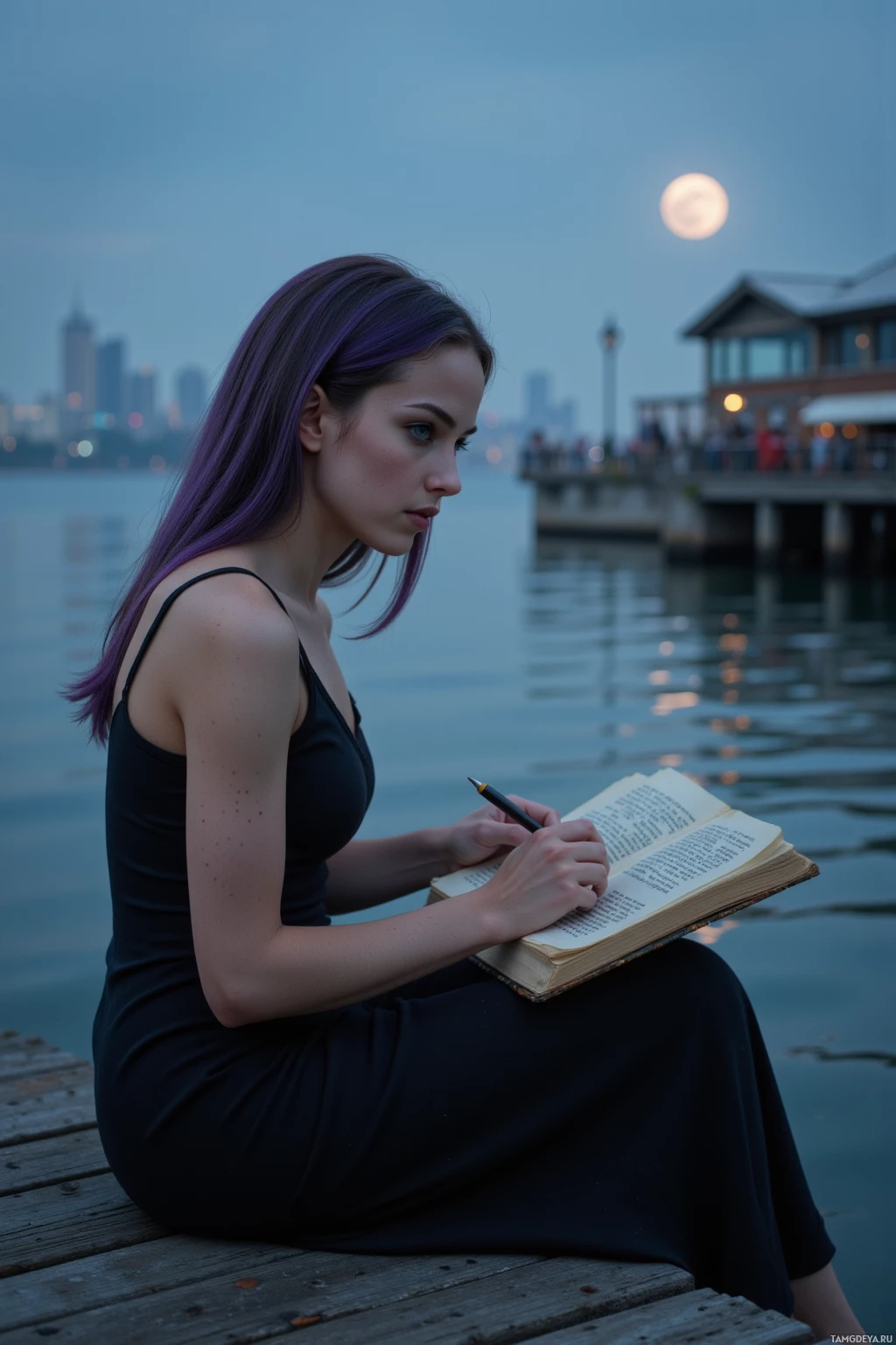 A woman in a black dress sits on a dock, writing in a book under a moonlit sky.