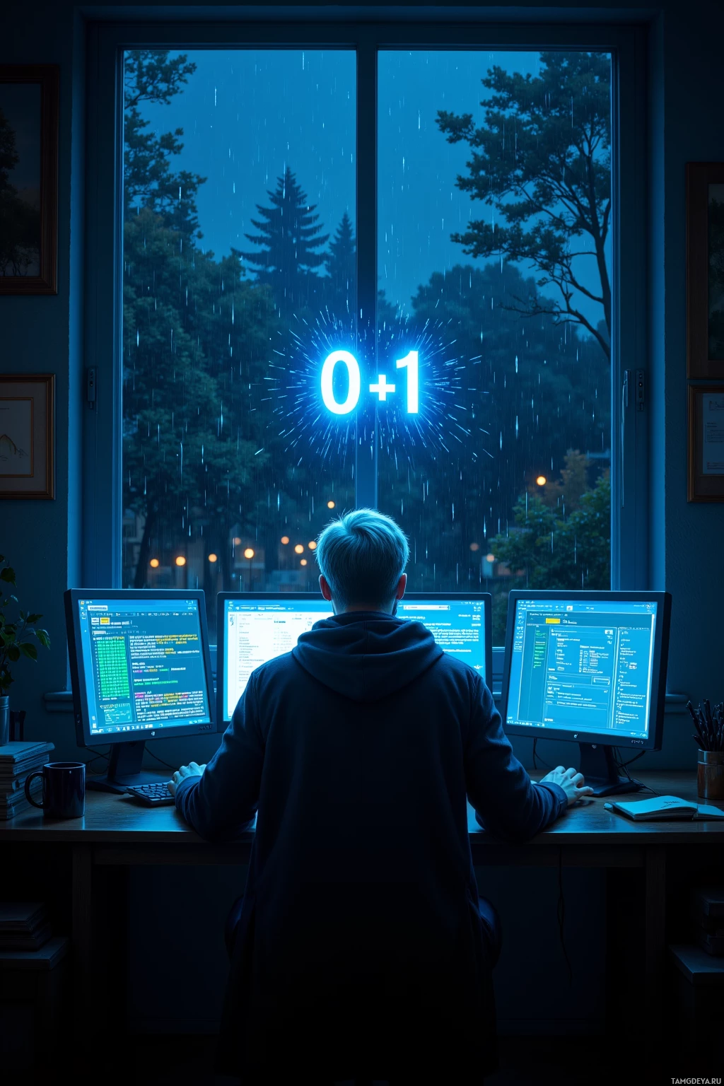 A person sits at a desk with multiple monitors, looking out a window at a rainy night scene.