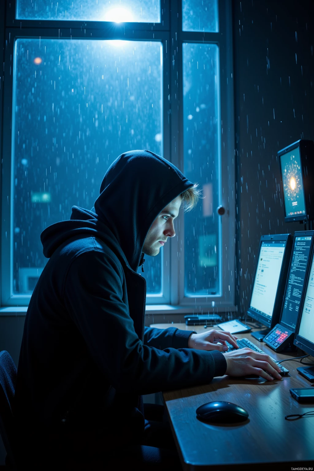 A person in a hoodie works at a computer desk with monitors, in a dimly lit room with rain visible outside the window.