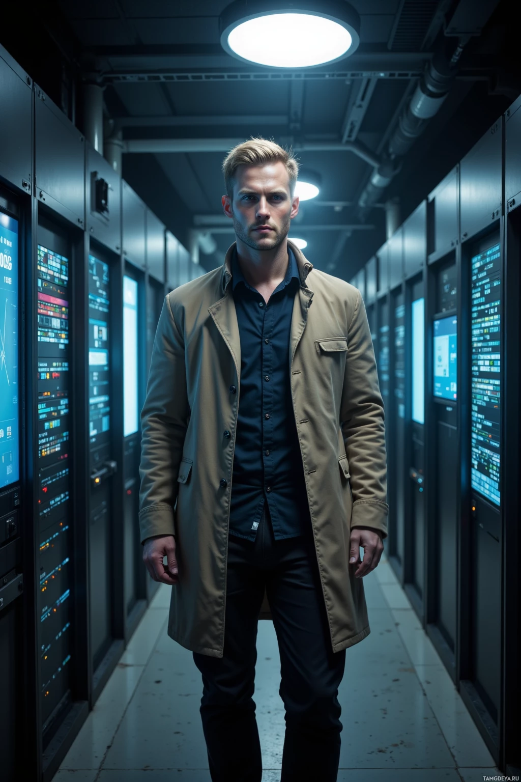 A man stands in a dimly lit server room corridor.