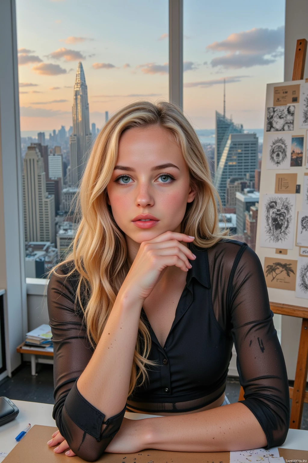 A person with long blonde hair sits at a desk in front of a cityscape view.
