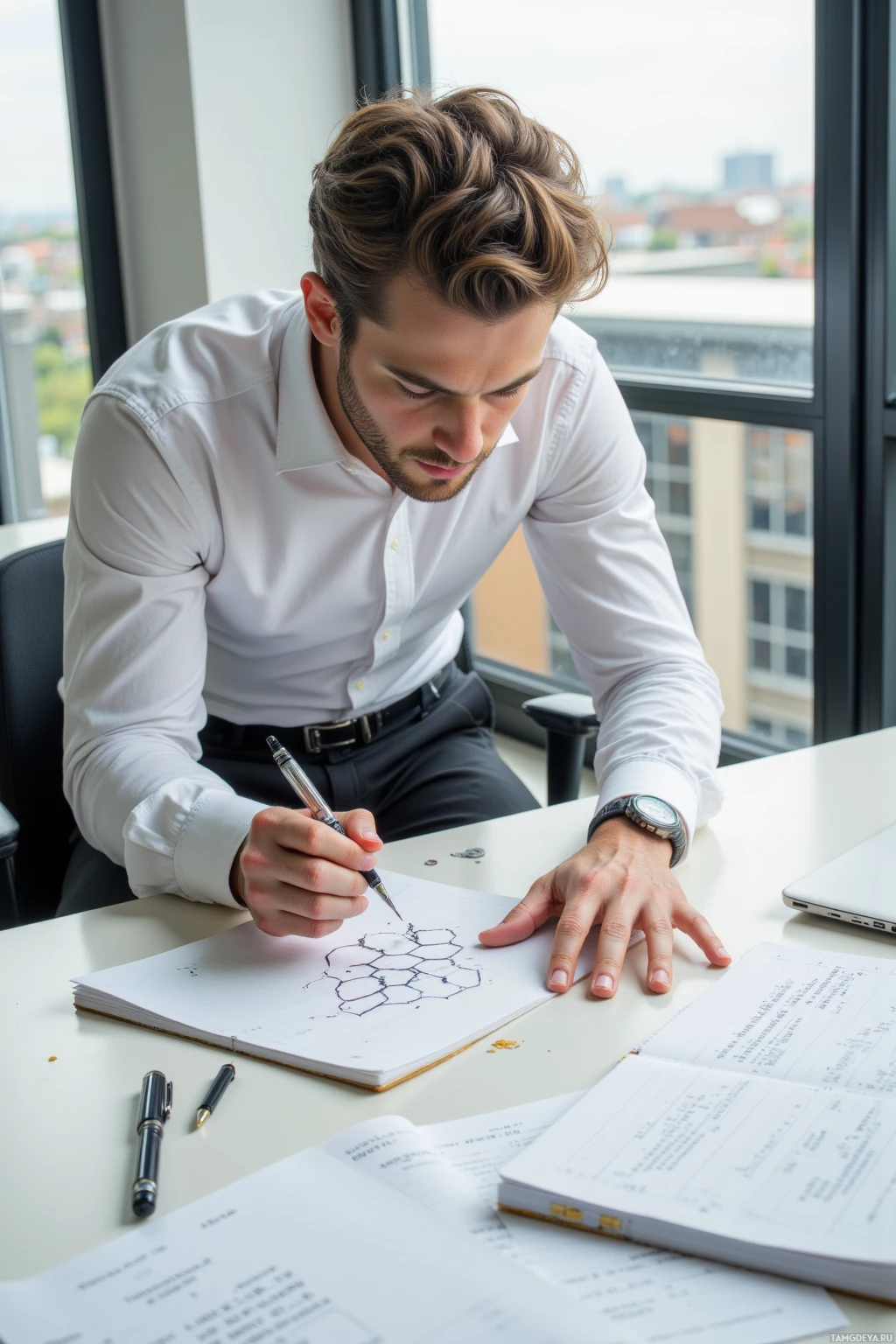 A man in a white shirt is sketching a hexagonal pattern on a notebook in an office setting.