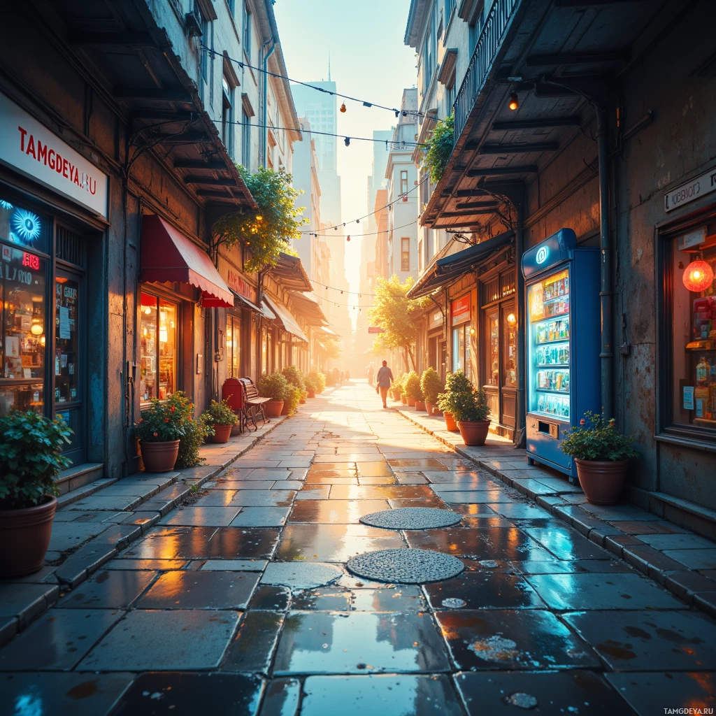 A quaint, sunlit alley lined with shops and potted plants, leading towards a bright cityscape.