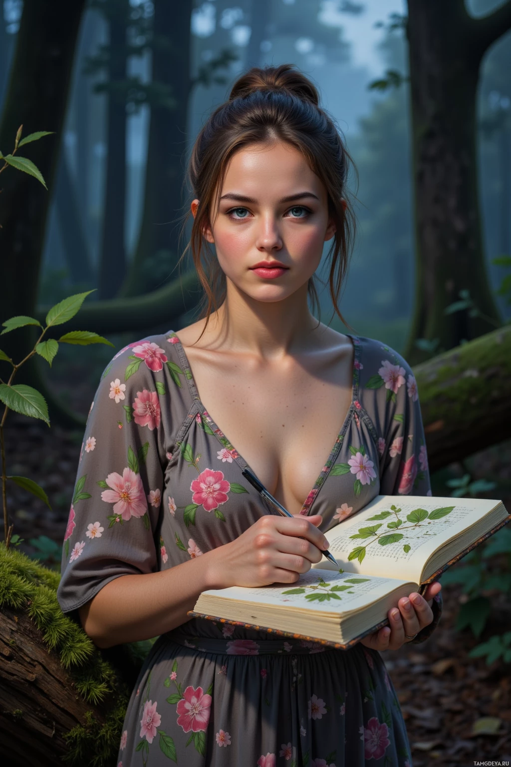 A woman in a floral dress stands in a forest, holding an open book and a pen.