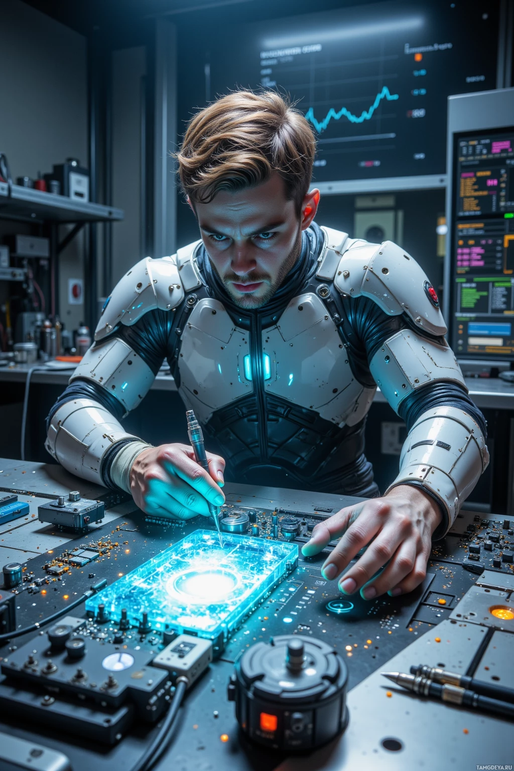A person in futuristic armor works on a glowing circuit board in a high-tech lab.