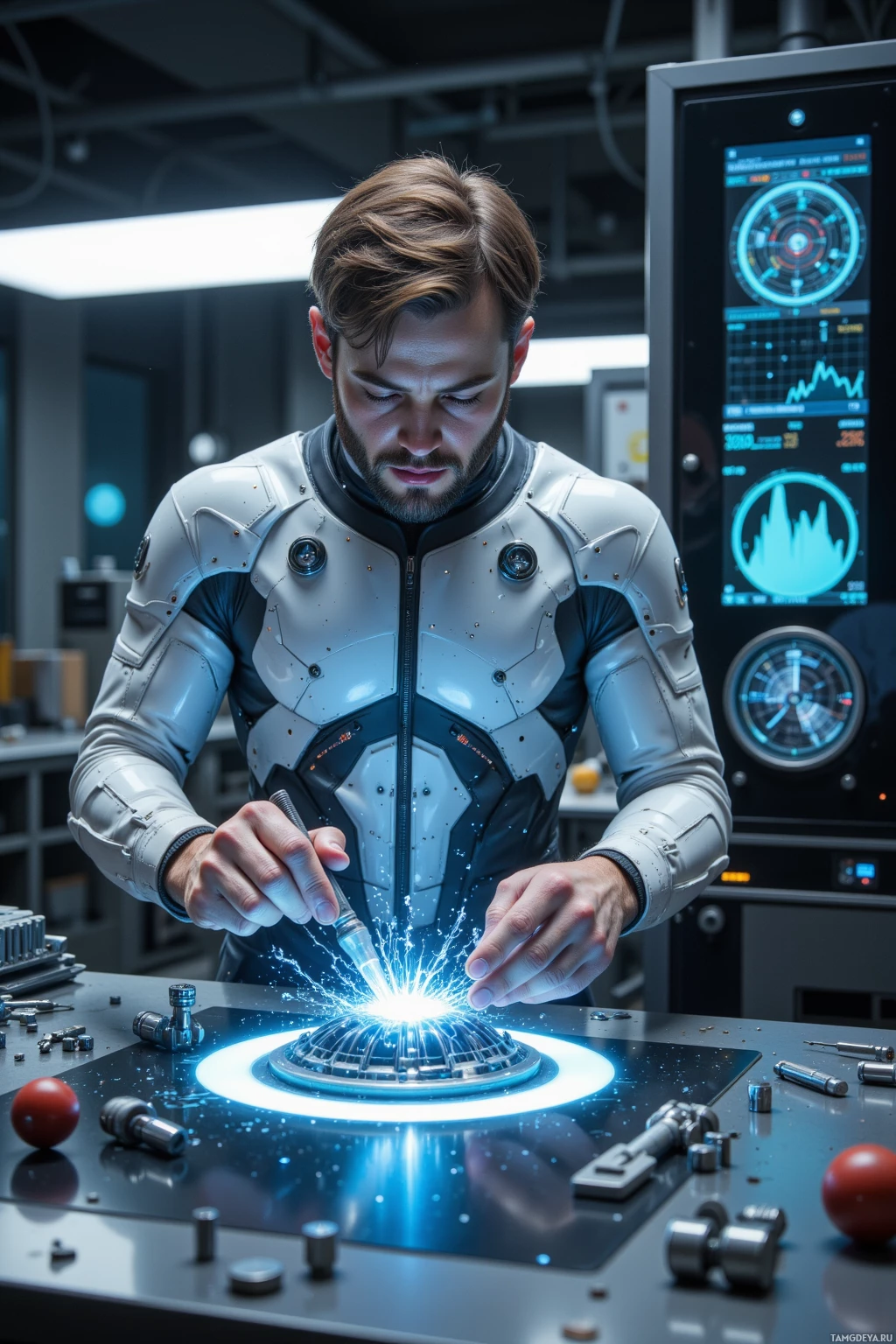 A person in a futuristic suit works on a glowing, high-tech device in a modern laboratory setting.