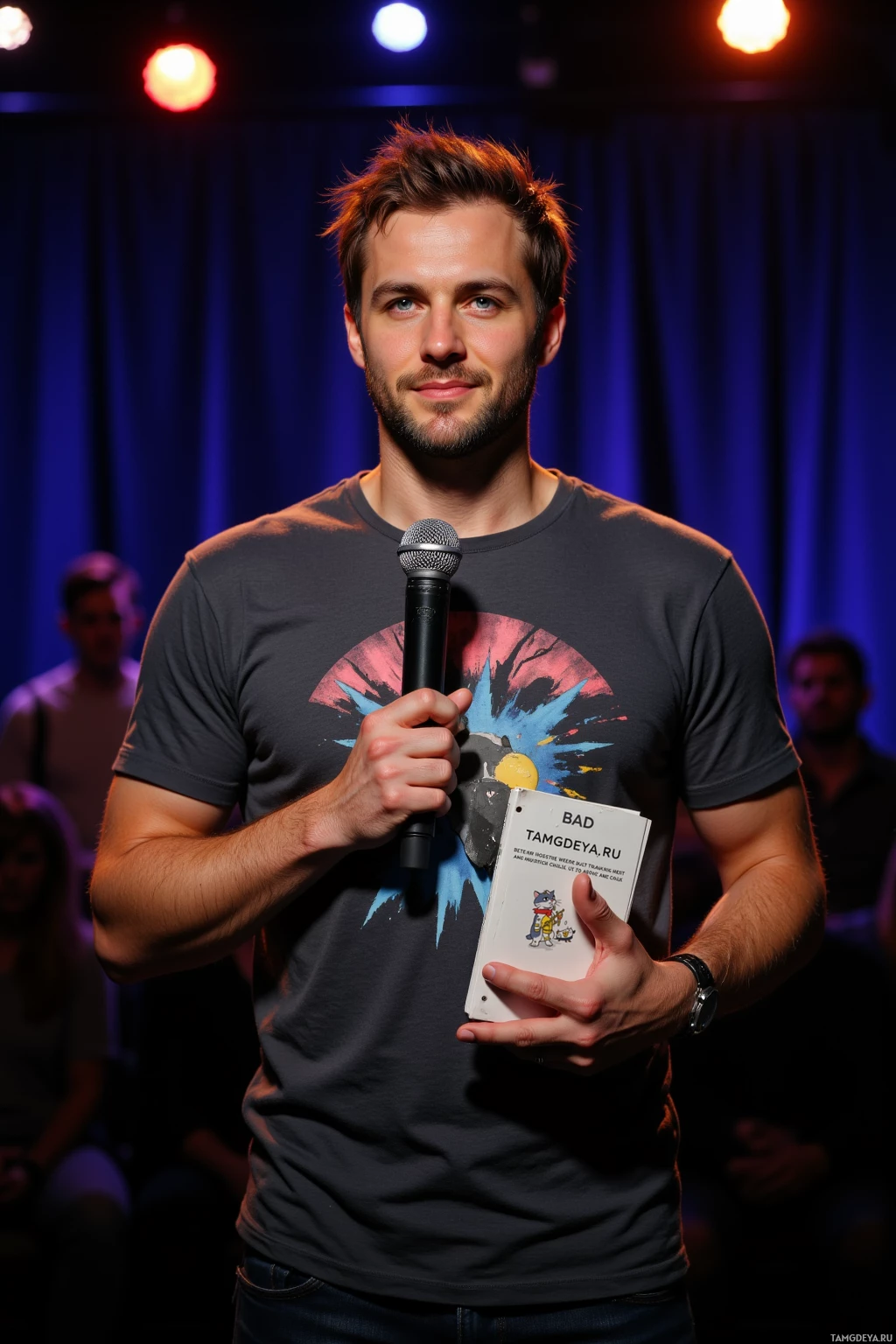 A man holds a microphone and a card while standing on a stage.