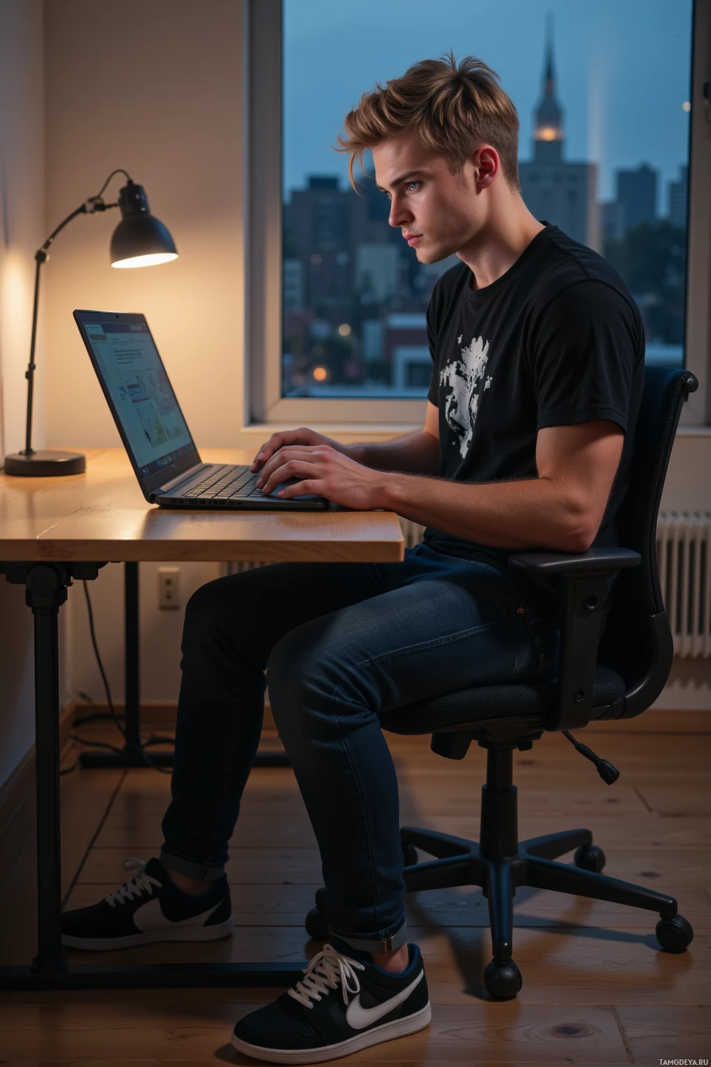 A person is sitting at a desk, working on a laptop in a dimly lit room with a cityscape view.