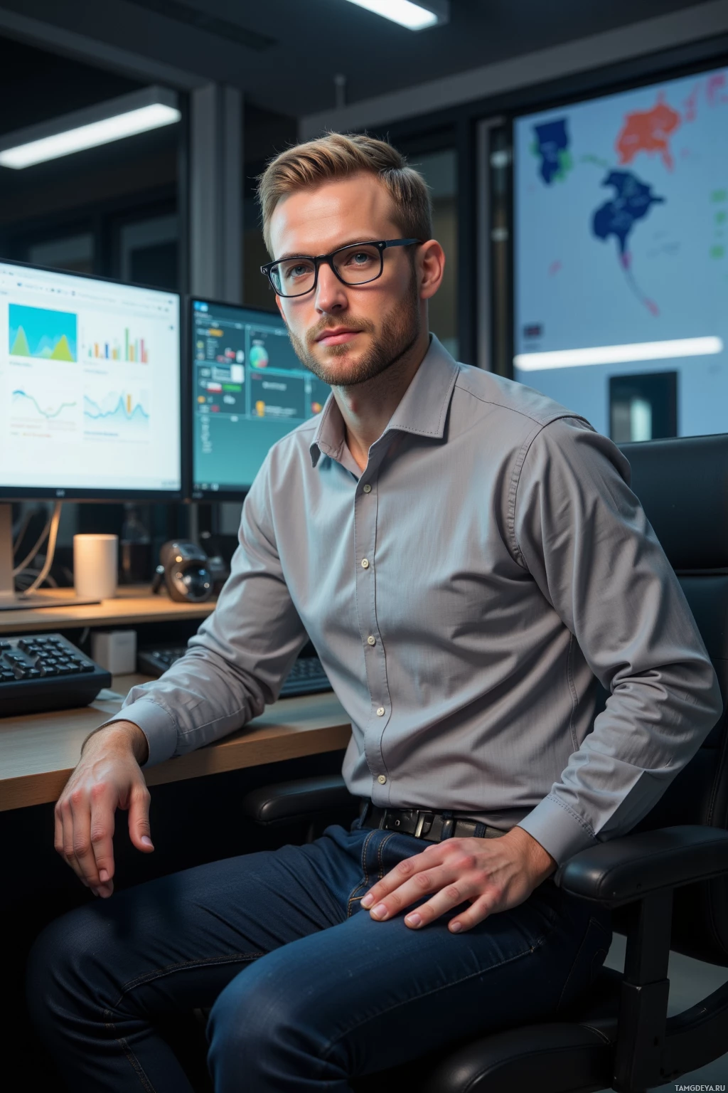 A man in a professional setting, seated at a desk with multiple monitors displaying data and graphs.