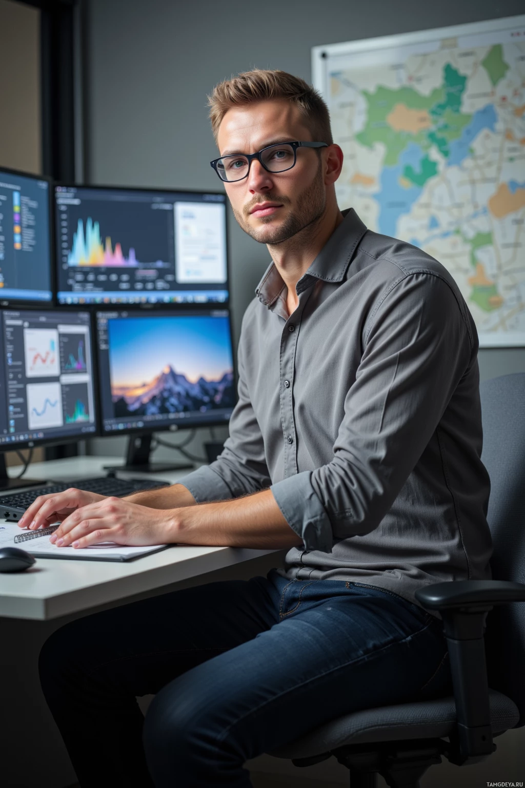 A man in a professional setting, seated at a desk with multiple monitors, wearing glasses and a button-up shirt.