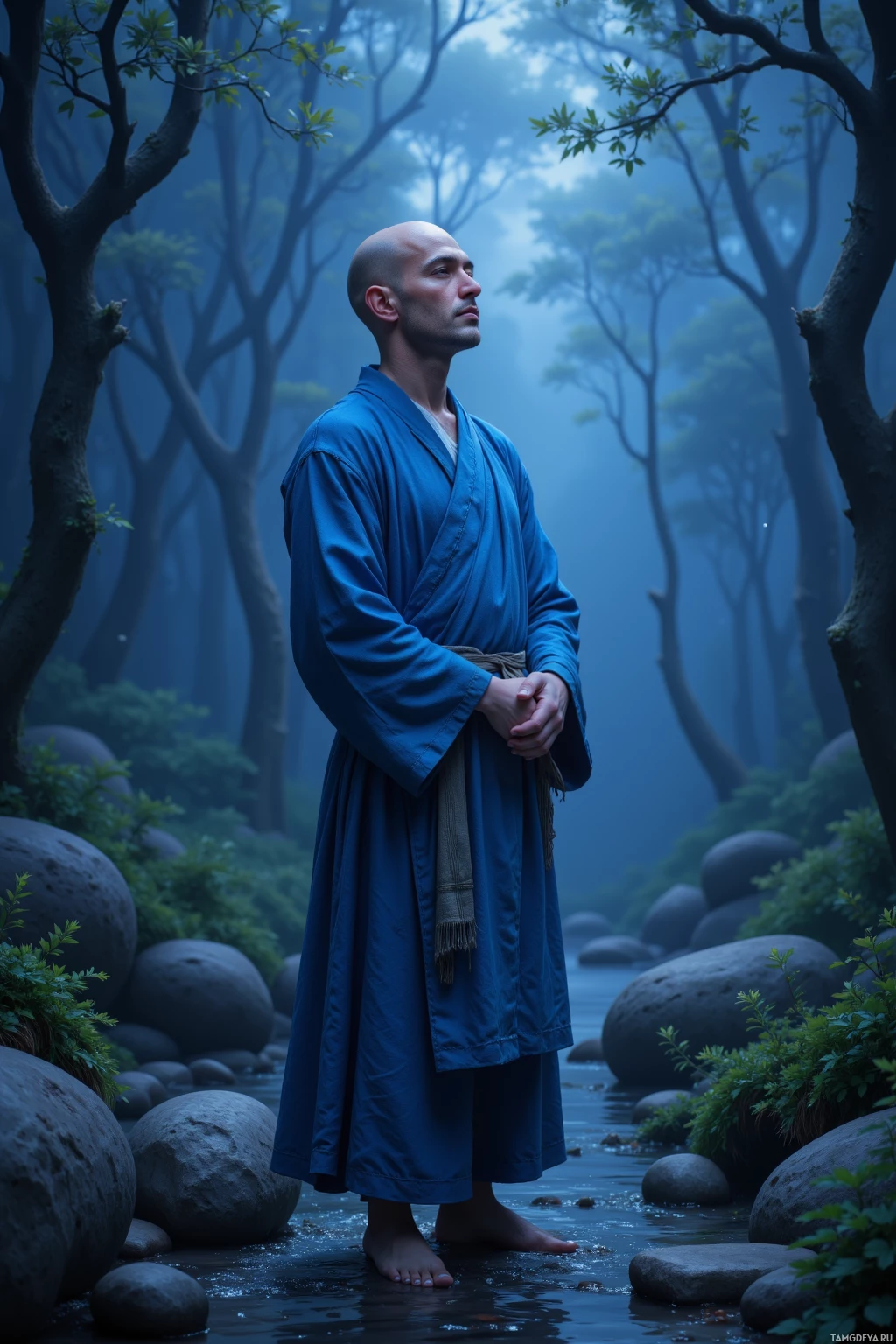 A man in a blue robe stands barefoot in a misty forest, surrounded by rocks and trees.