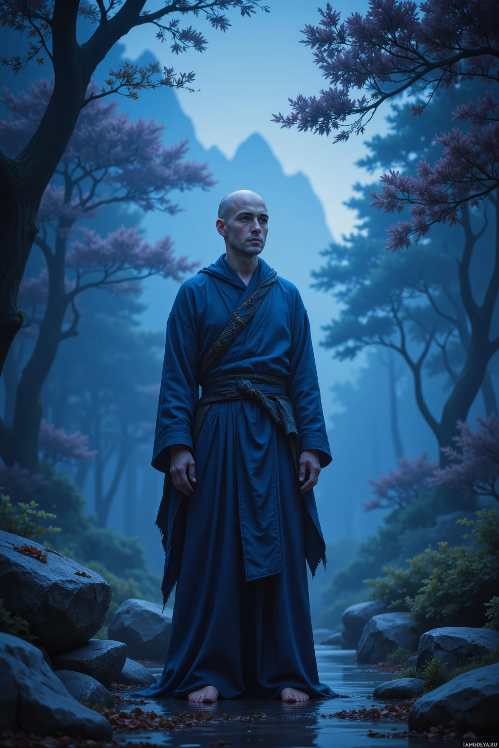 A person in traditional attire stands barefoot in a serene, misty forest.