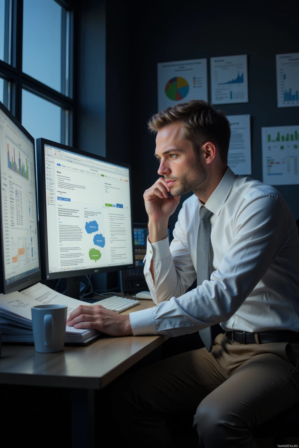 A man in a white shirt and tie is working at a desk with two computer monitors displaying graphs and data.