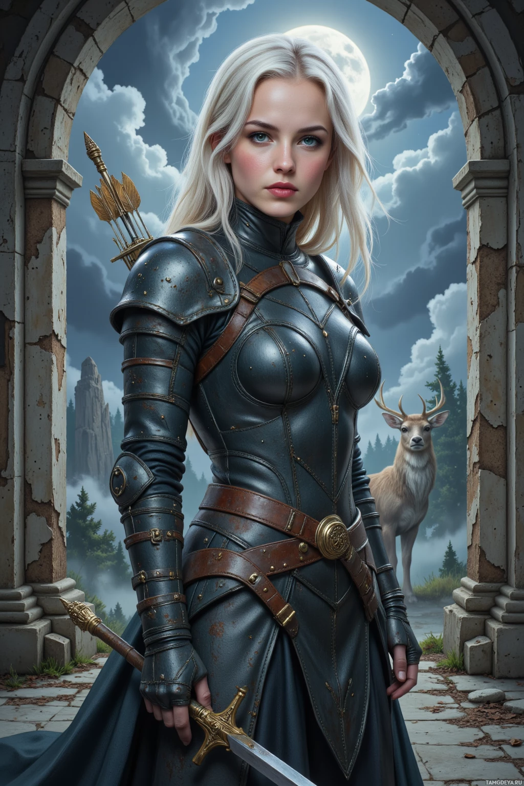 A woman in medieval armor stands in front of an archway, holding a sword, with a deer in the background.