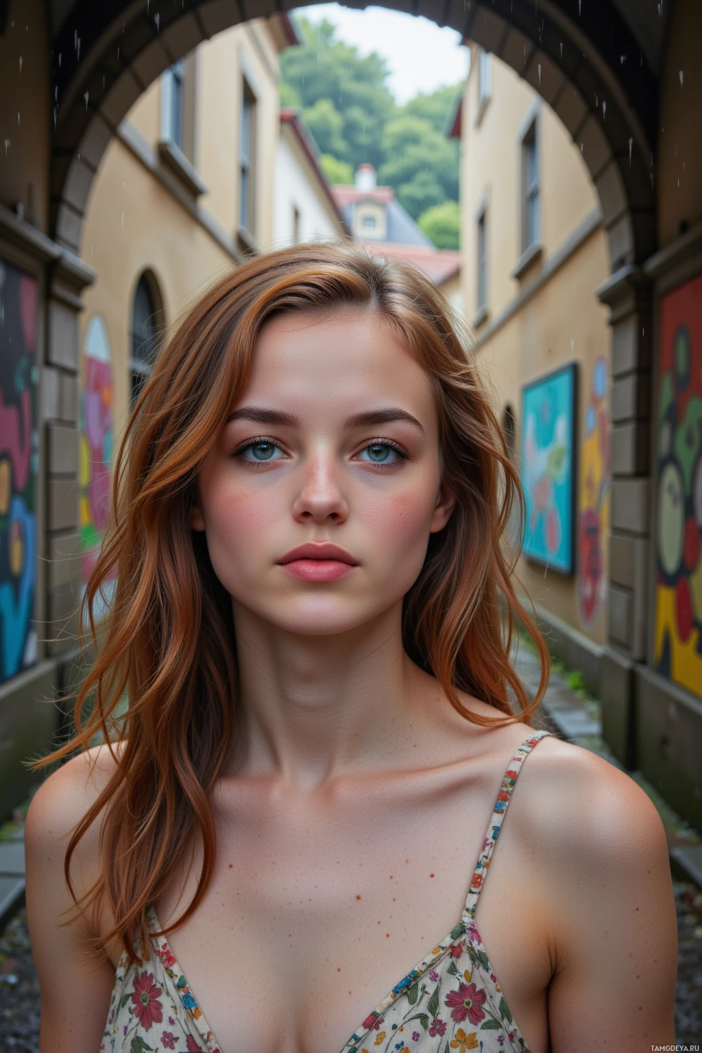 A young woman with long, wavy hair stands in a narrow alleyway with colorful murals on the walls.