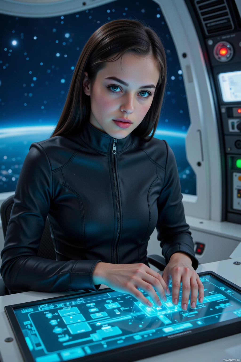 A person in a futuristic setting operates a high-tech control panel.