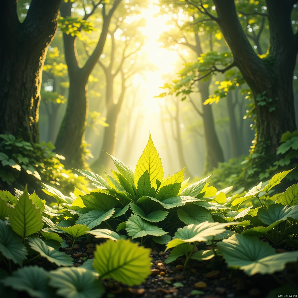 A serene forest scene with sunlight filtering through the trees, illuminating lush green foliage.