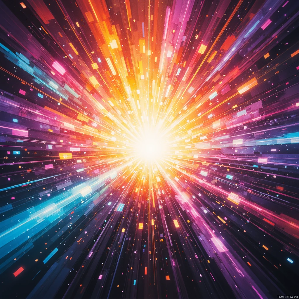 A vibrant, abstract burst of light with radiating lines and colorful particles.