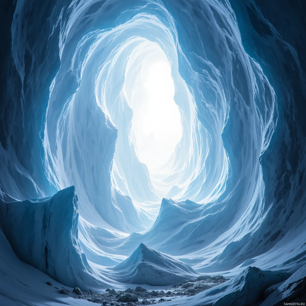 A serene, icy cave with a bright light at the end.
