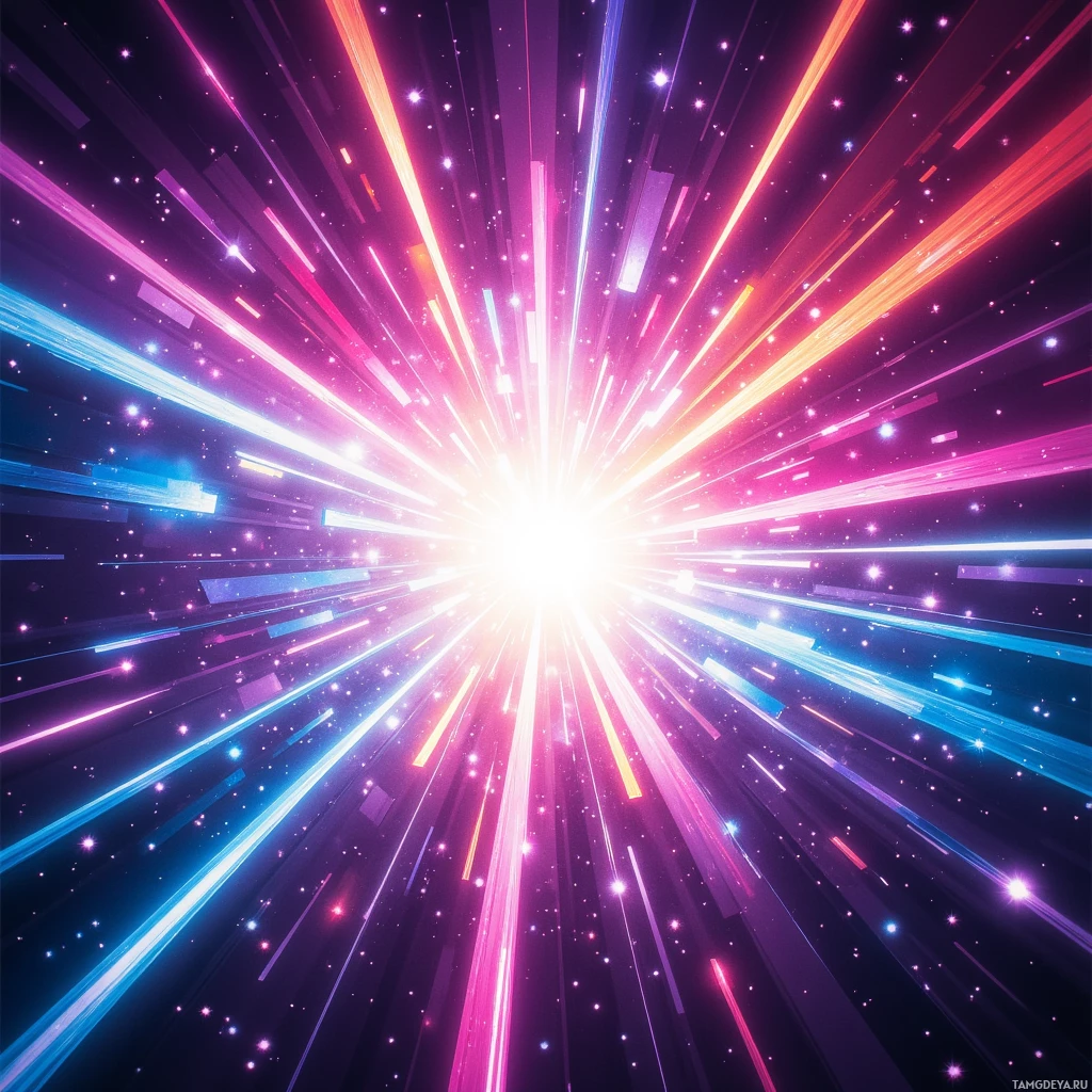 A vibrant cosmic scene with streaks of light and stars radiating outward.