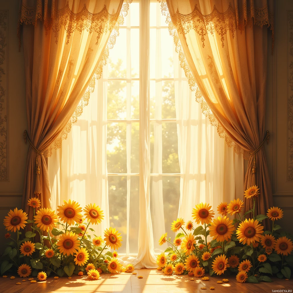 A sunlit room with lace curtains and a cluster of sunflowers in front of a window.