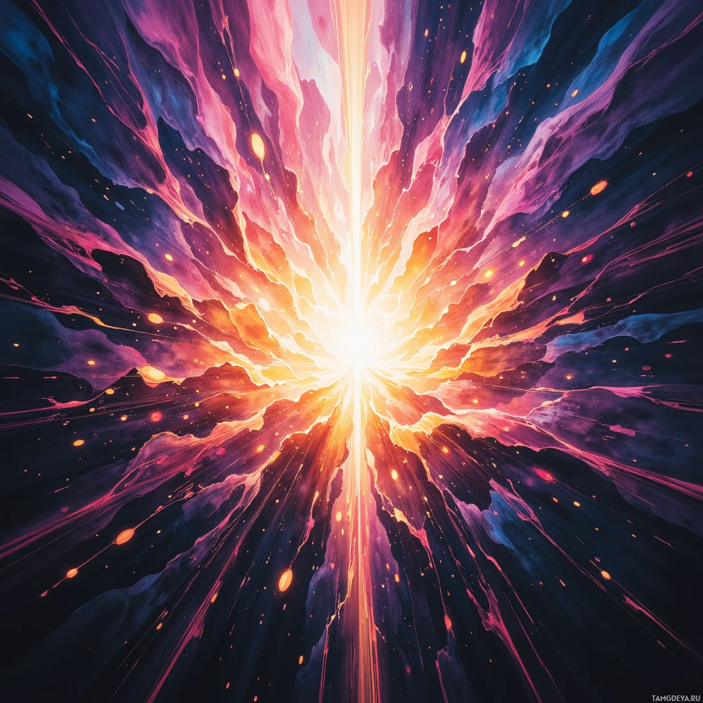 A vibrant cosmic explosion with radiant beams and glowing particles.