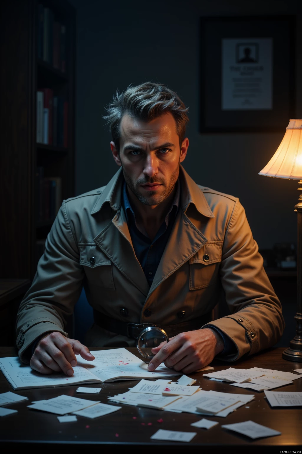 A man in a trench coat sits at a desk with papers and a magnifying glass, illuminated by a lamp.