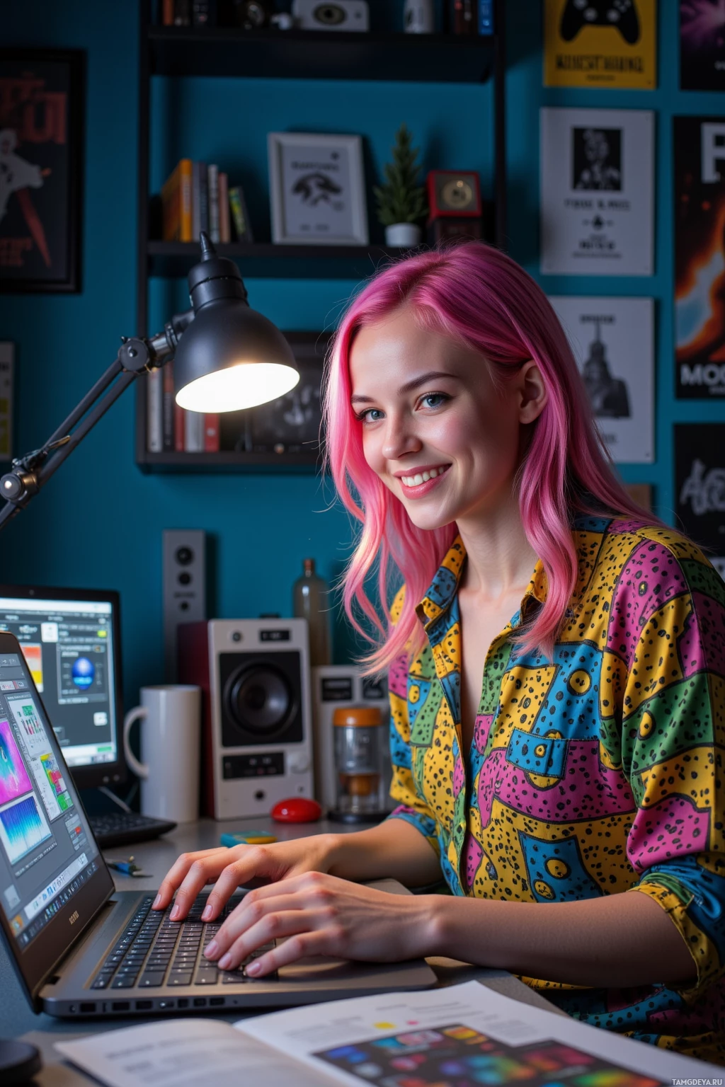 A person with pink hair is working at a desk with a laptop and colorful decor in the background.