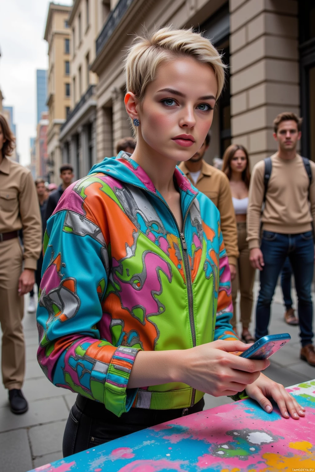 A person in a colorful jacket stands on a street, holding a phone.