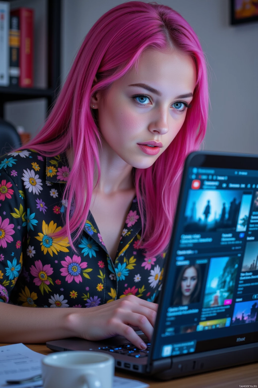 A person with pink hair works on a laptop in a room with books.