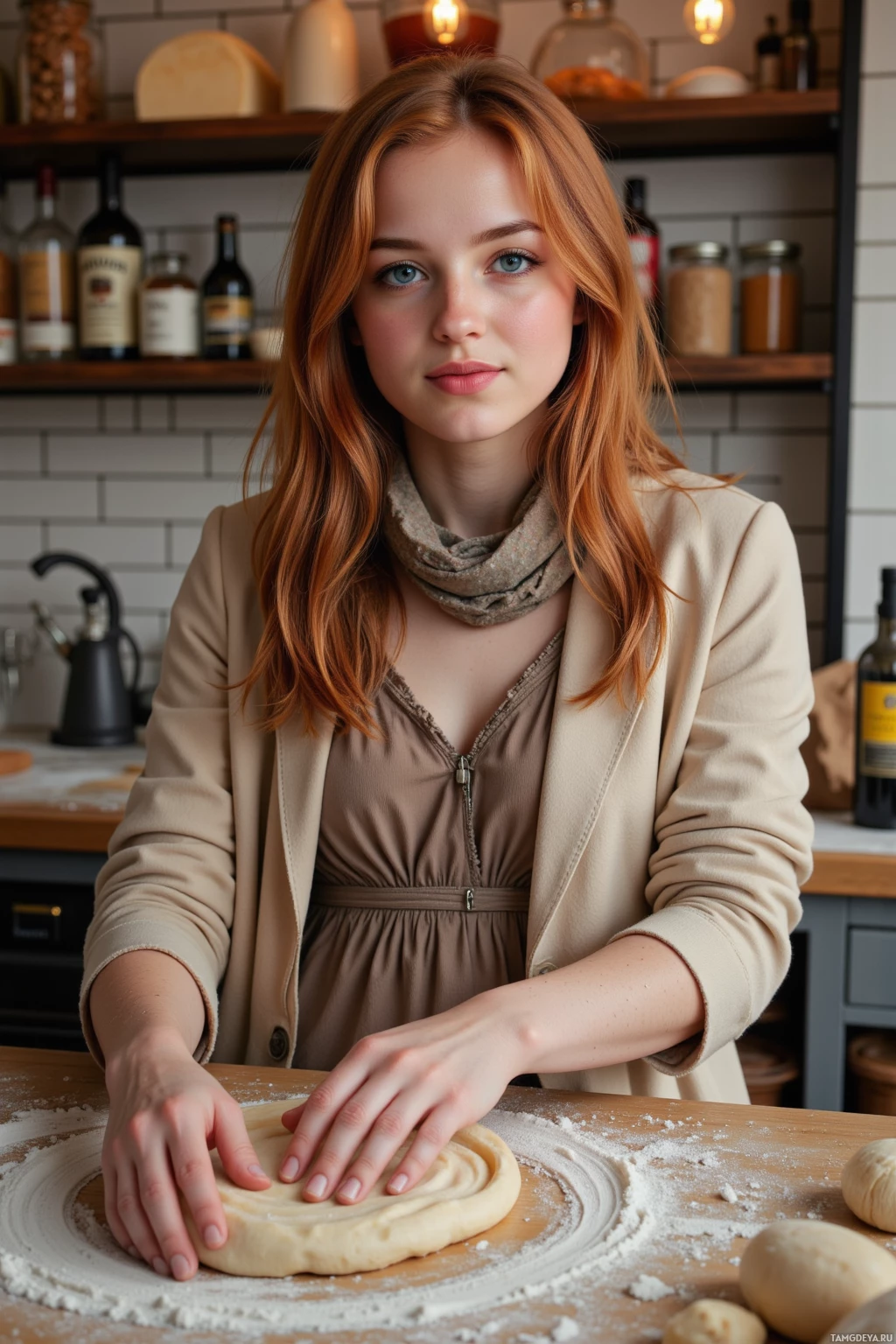 A person kneading dough on a floured surface in a kitchen setting.