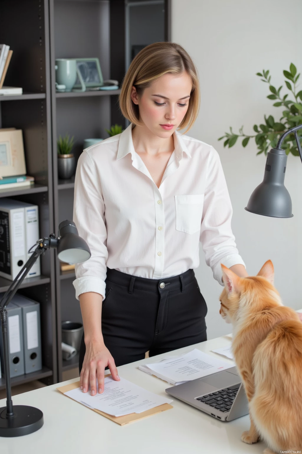 A woman in a white shirt stands at a desk with a cat, reviewing documents.