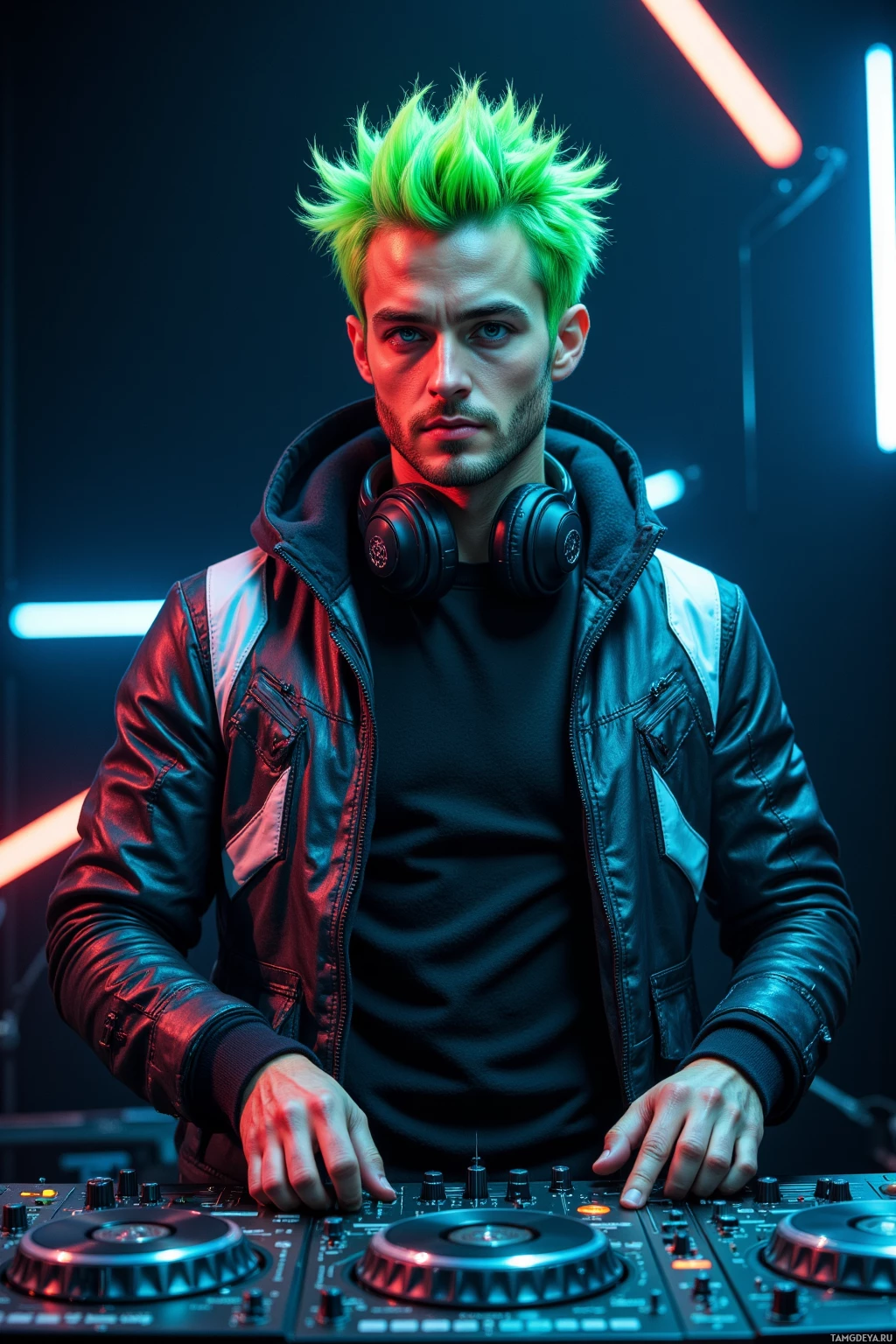 A person with green hair stands behind a DJ mixer in a dimly lit environment with neon lights.