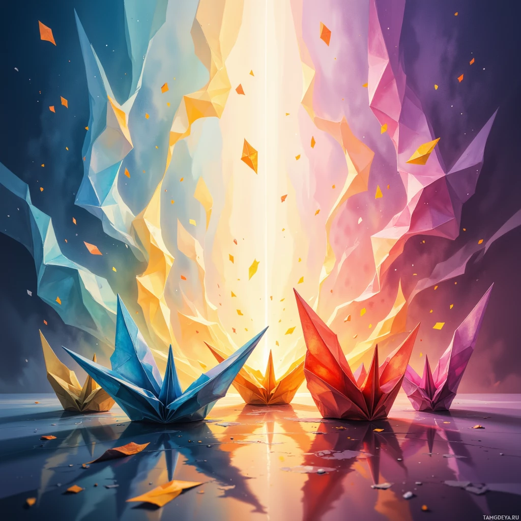 A vibrant, abstract digital artwork featuring geometric shapes and a radiant light source.