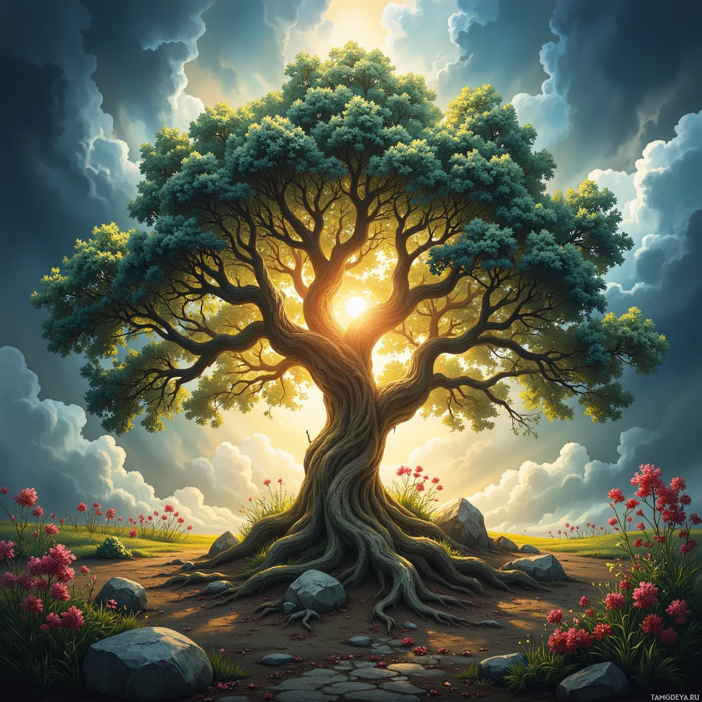 A majestic tree with sprawling branches and vibrant pink flowers in a serene landscape.