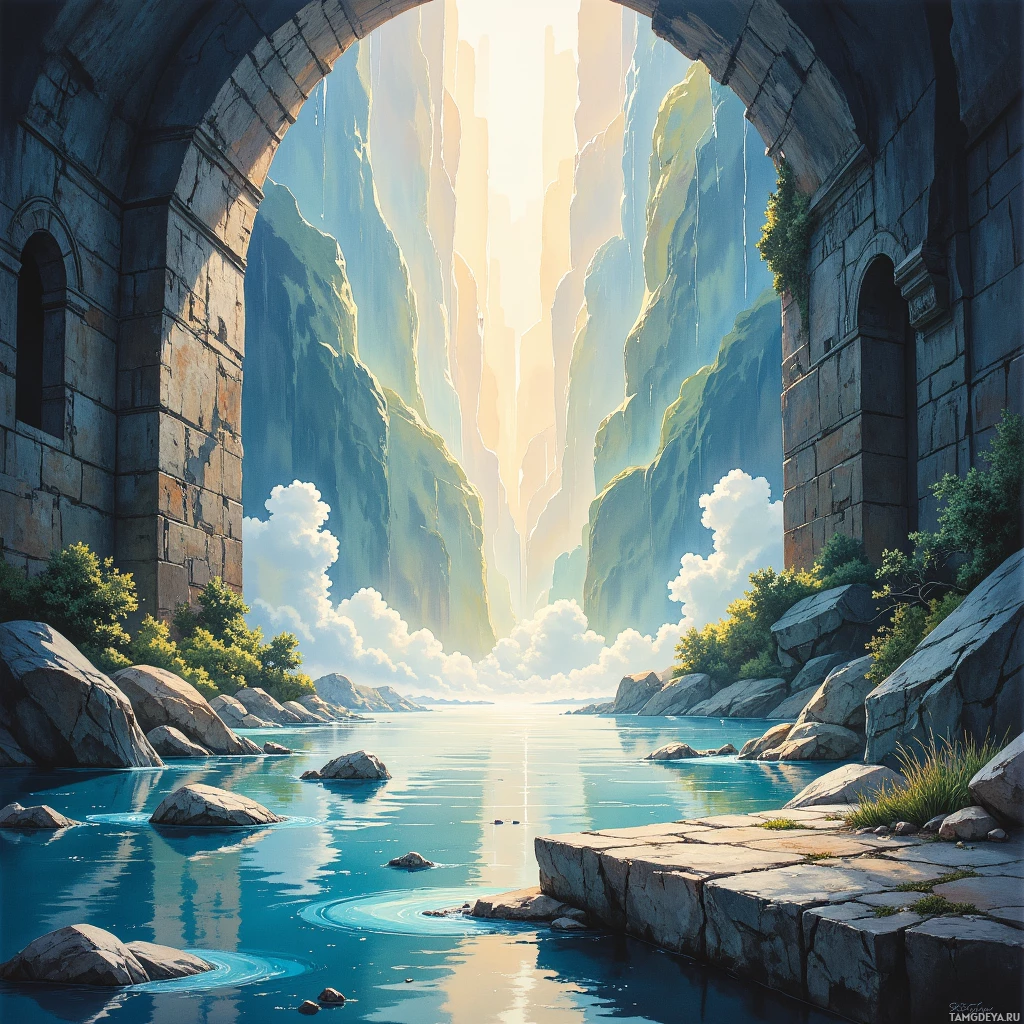 A serene landscape featuring a calm river, rocky cliffs, and a bright sky with soft clouds.