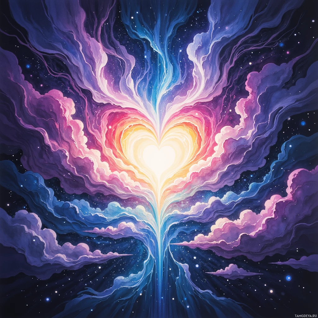 A vibrant cosmic heart with swirling clouds and stars.