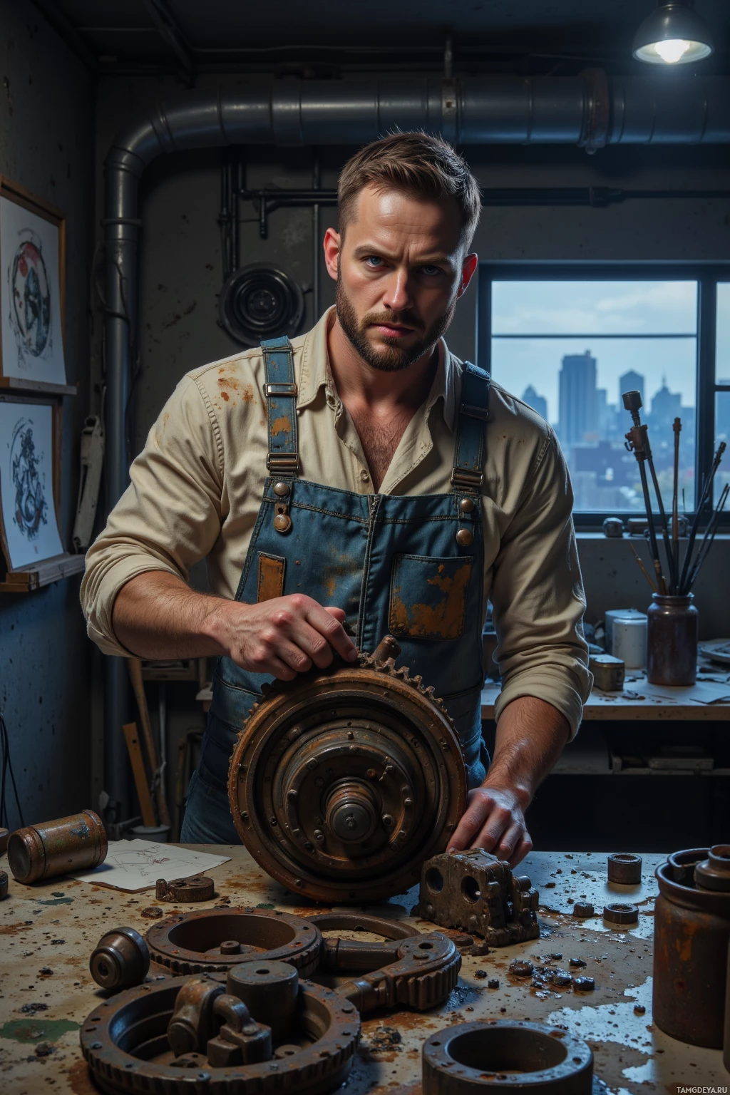 A man in a workshop wearing overalls, holding a mechanical part.