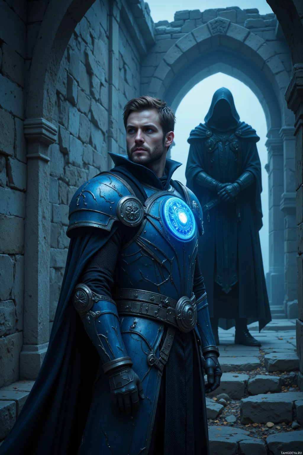 A knight in blue armor stands in a stone archway, with a hooded figure in the background.