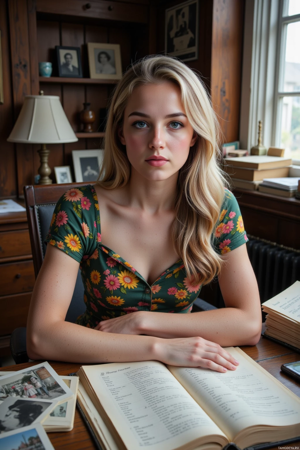 A woman in a floral dress sits at a desk with an open book and photographs.