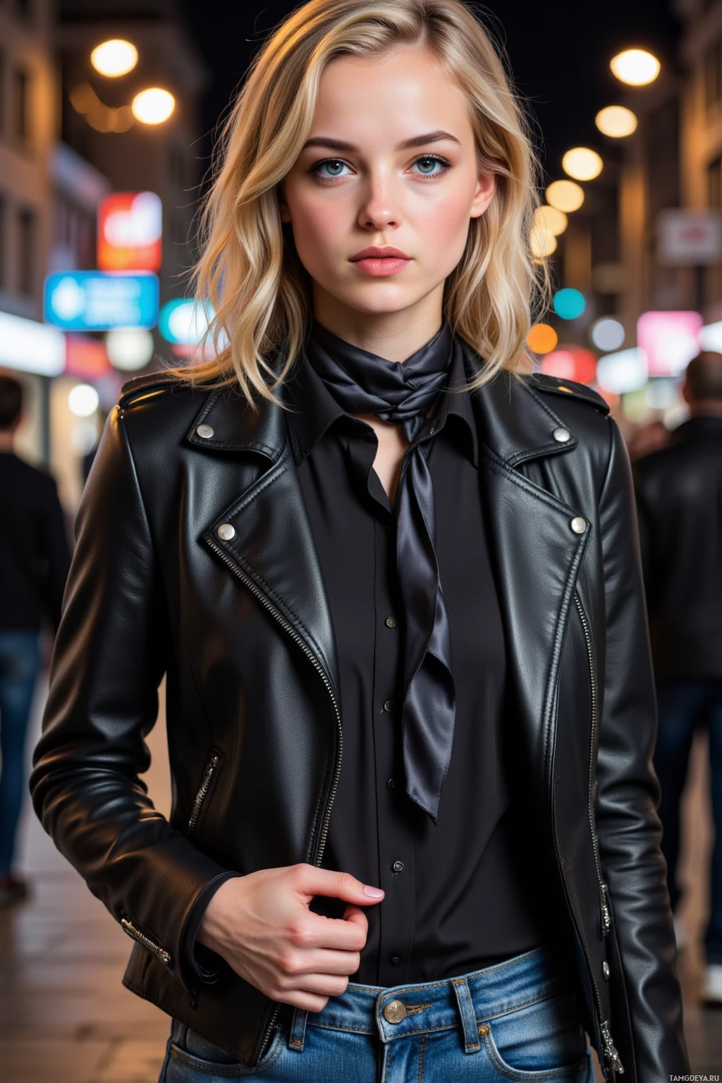 A person wearing a black leather jacket and a black shirt with a scarf, standing on a city street at night.